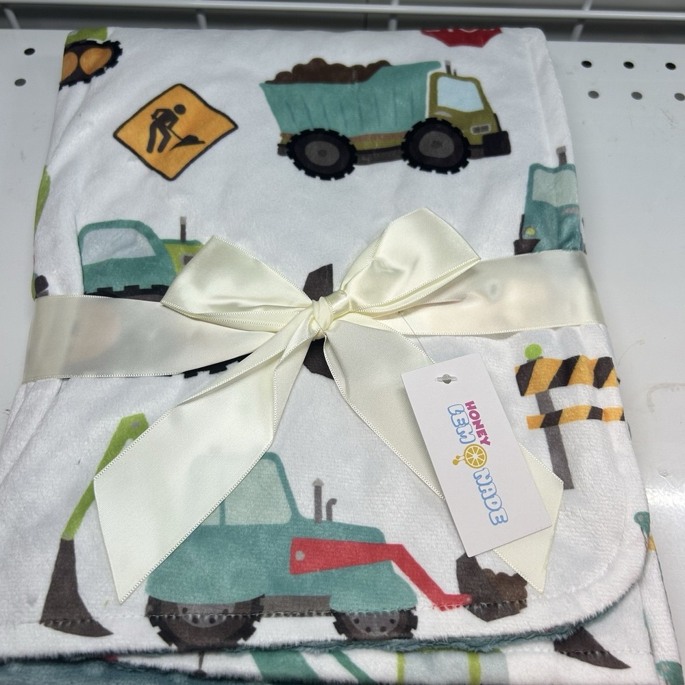 Brand New Baby Minky Blanket 30"x40" Construction Trucks/Solid Teal
